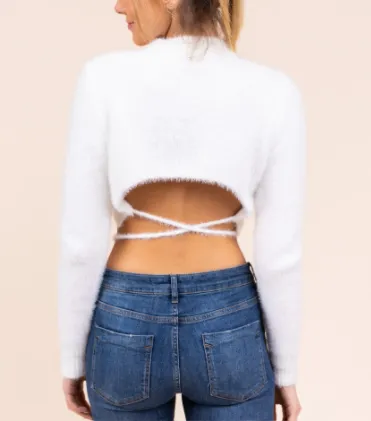 Fuzzy Mock Neck Tie Back Long Sleeve Sweater