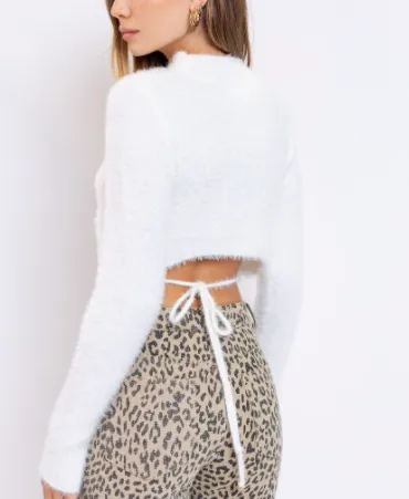 Fuzzy Mock Neck Tie Back Long Sleeve Sweater