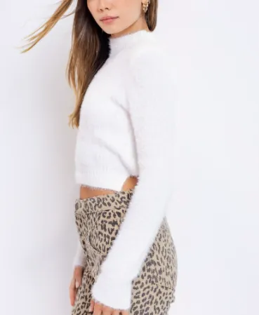 Fuzzy Mock Neck Tie Back Long Sleeve Sweater
