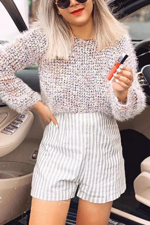 Fuzzy O Neck Long Sleeve Sweater