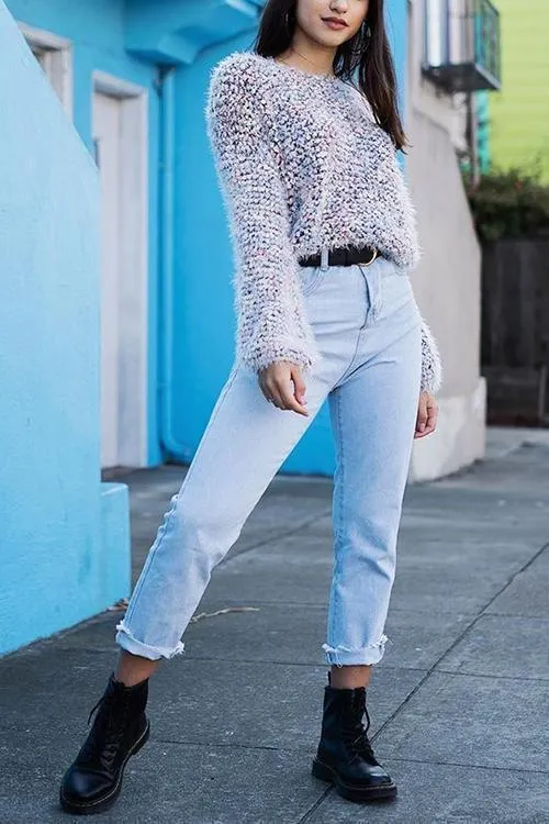 Fuzzy O Neck Long Sleeve Sweater