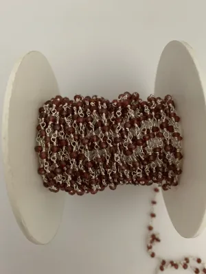 Garnet Rosary over Silver Plated Wire Chain, 3mm Beaded Chain, 1 foot, Natural Garnet Chain, Anti Tarnish Coated Wire Chain, Size: 3mm