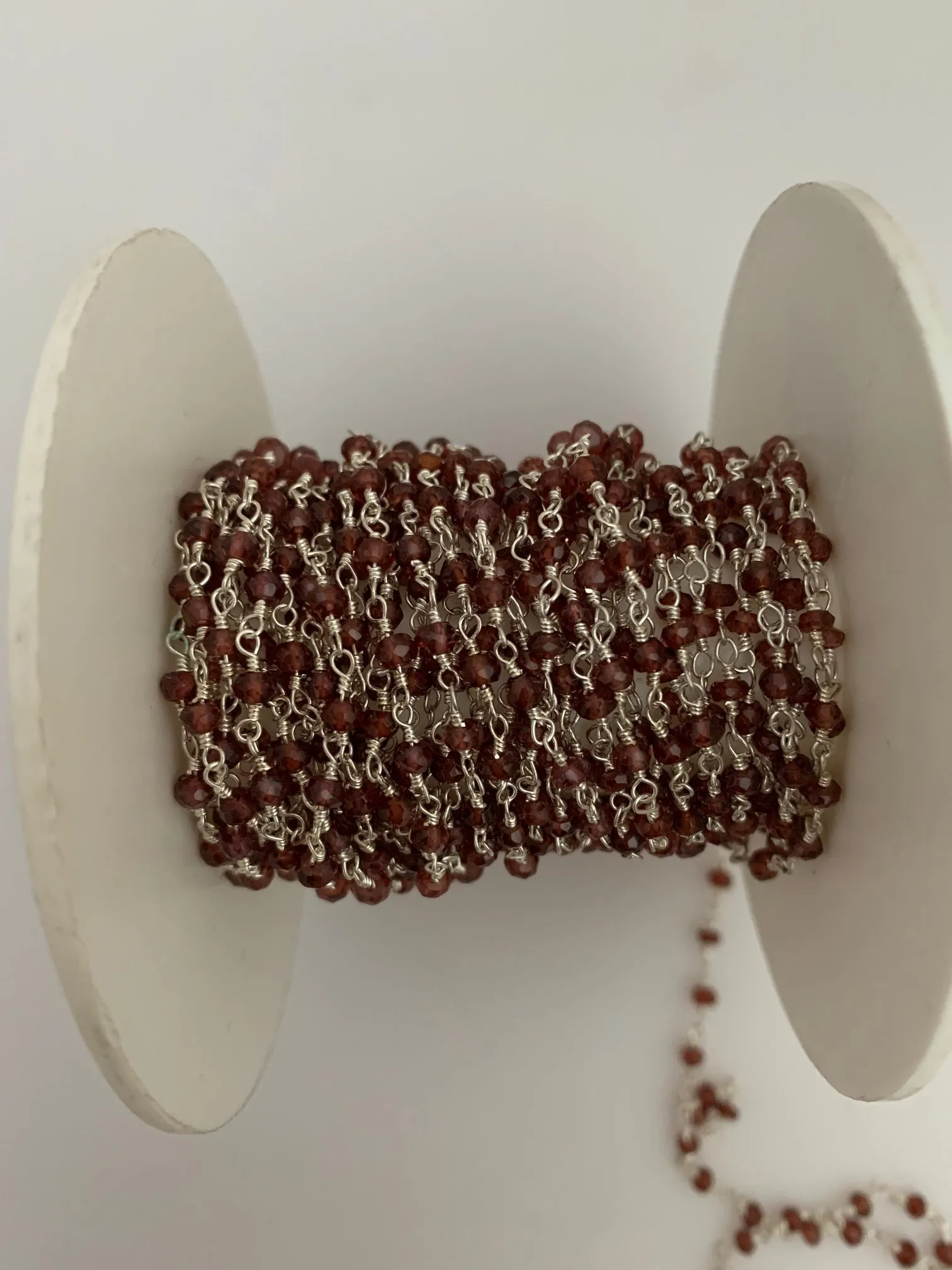 Garnet Rosary over Silver Plated Wire Chain, 3mm Beaded Chain, 1 foot, Natural Garnet Chain, Anti Tarnish Coated Wire Chain, Size: 3mm