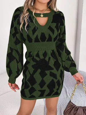 Geometric Print Mini Sweater Dress with Hollow Lantern Sleeves