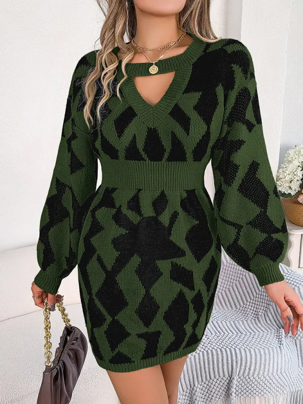 Geometric Print Mini Sweater Dress with Hollow Lantern Sleeves