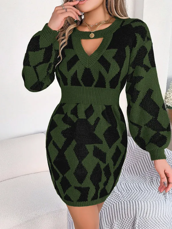 Geometric Print Mini Sweater Dress with Hollow Lantern Sleeves