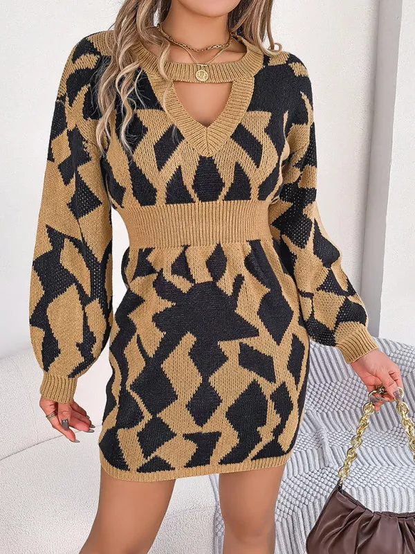 Geometric Print Mini Sweater Dress with Hollow Lantern Sleeves