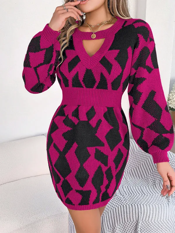 Geometric Print Mini Sweater Dress with Hollow Lantern Sleeves