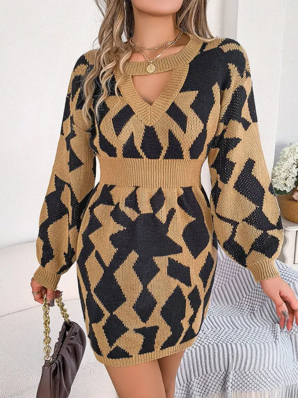 Geometric Print Mini Sweater Dress with Hollow Lantern Sleeves