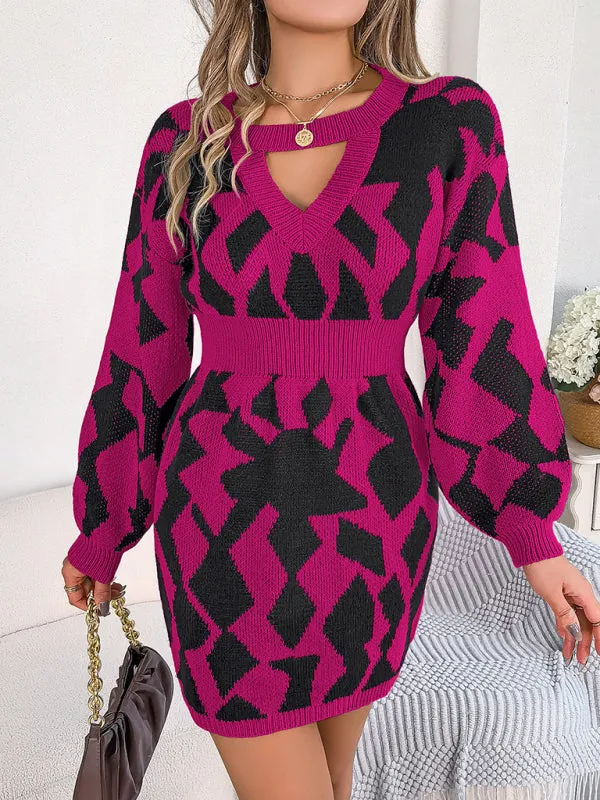 Geometric Print Mini Sweater Dress with Hollow Lantern Sleeves