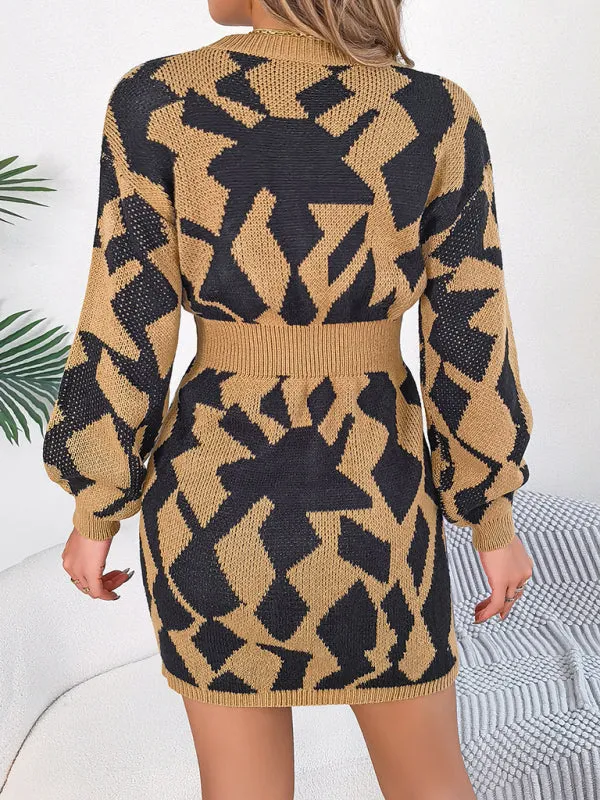Geometric Print Mini Sweater Dress with Hollow Lantern Sleeves