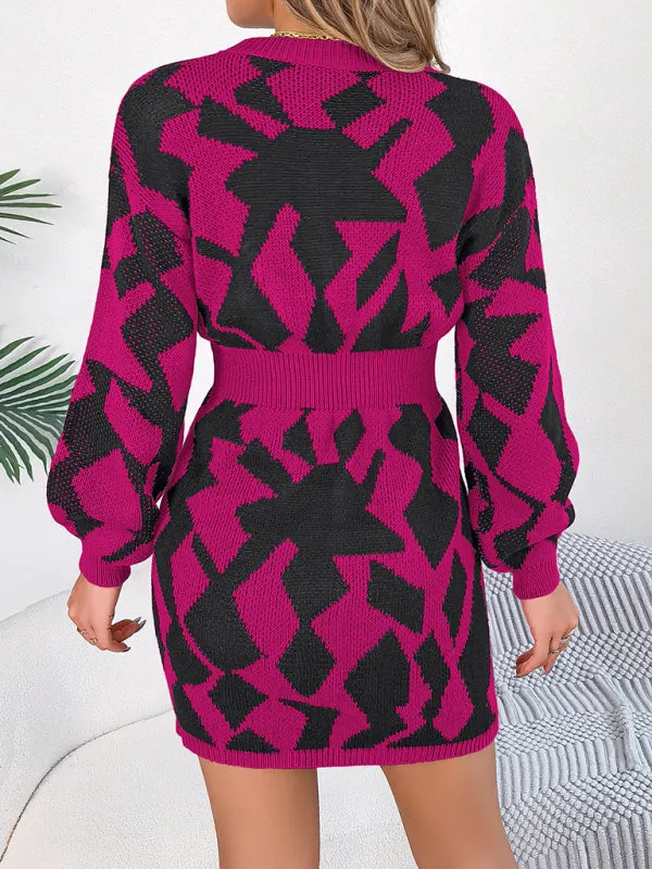 Geometric Print Mini Sweater Dress with Hollow Lantern Sleeves