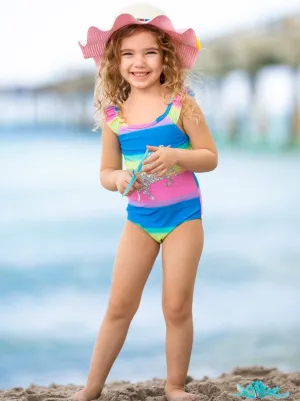 Girls Rainbow Riding Unicorn One Piece Swimsuit