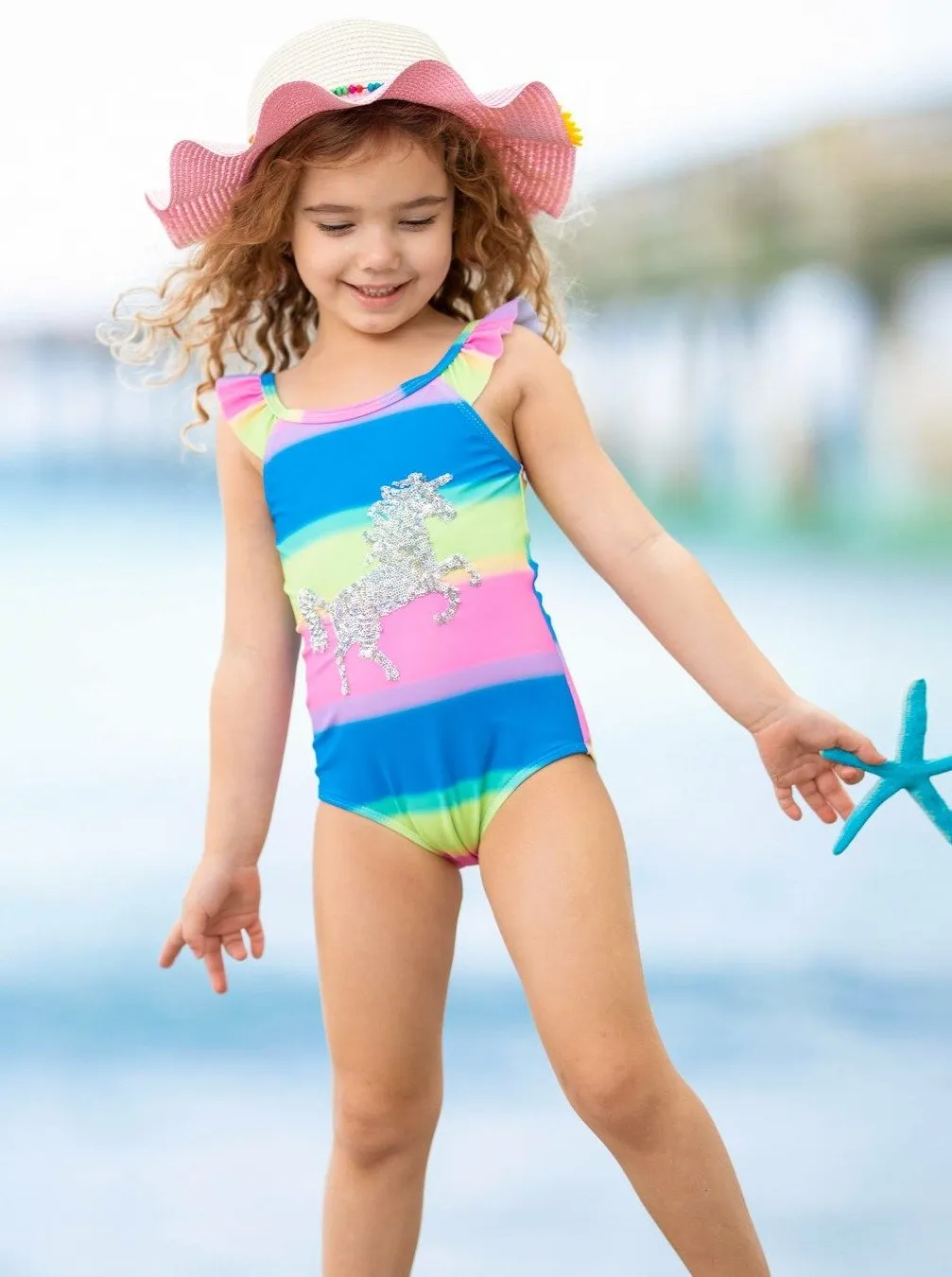 Girls Rainbow Riding Unicorn One Piece Swimsuit