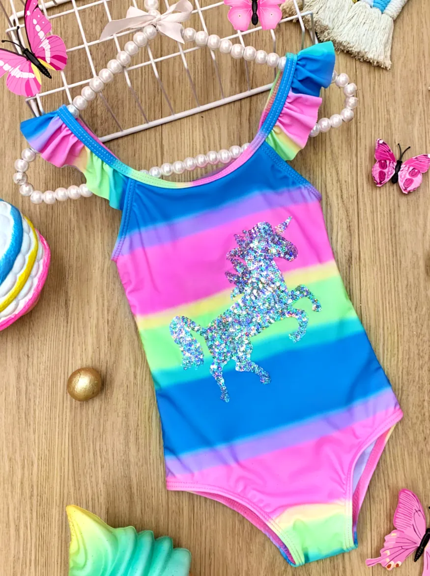 Girls Rainbow Riding Unicorn One Piece Swimsuit