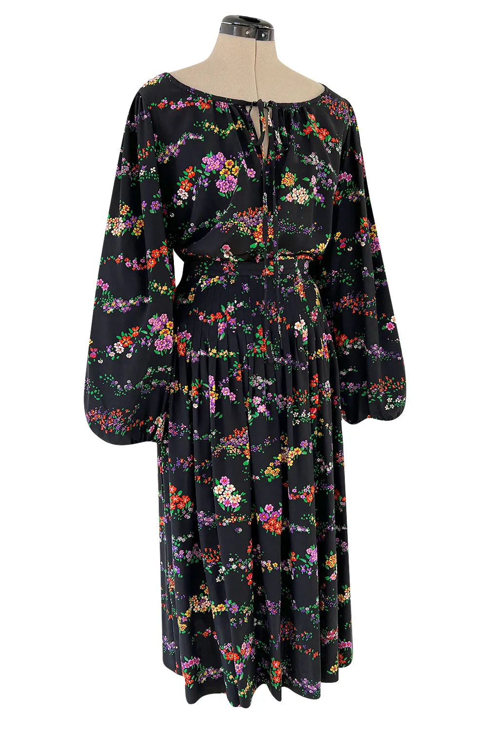 Gorgeous 1970s Yves Saint Laurent Floral Print Silk Skirt & Balloon Sleeve Top Set