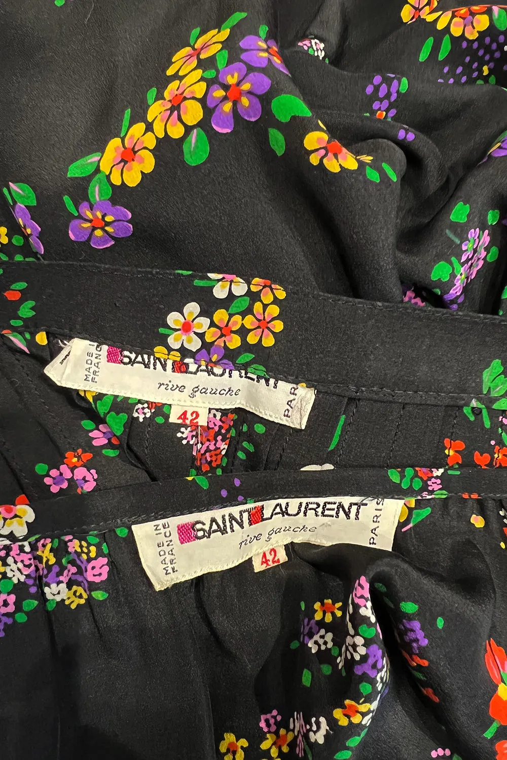 Gorgeous 1970s Yves Saint Laurent Floral Print Silk Skirt & Balloon Sleeve Top Set