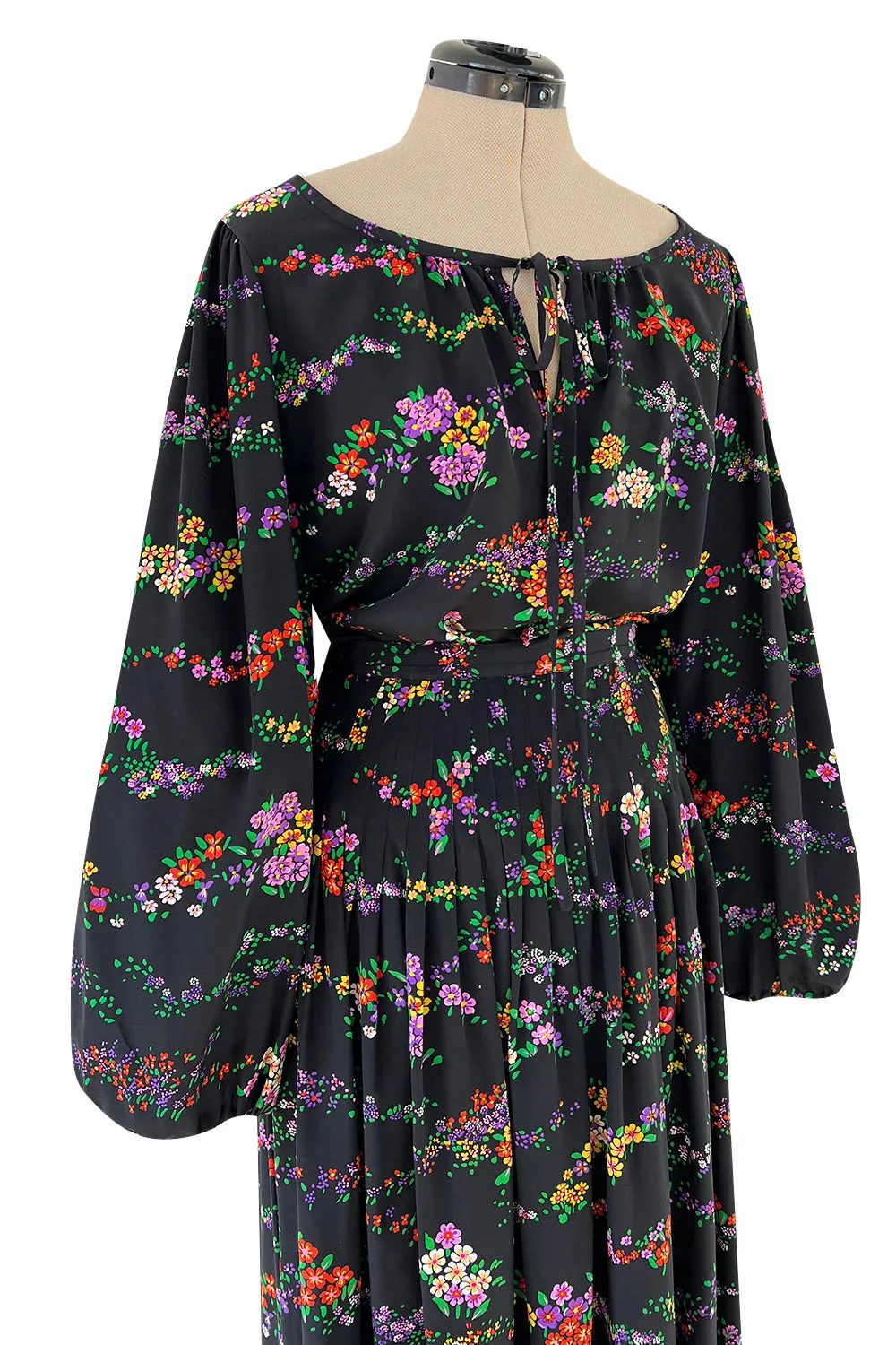 Gorgeous 1970s Yves Saint Laurent Floral Print Silk Skirt & Balloon Sleeve Top Set