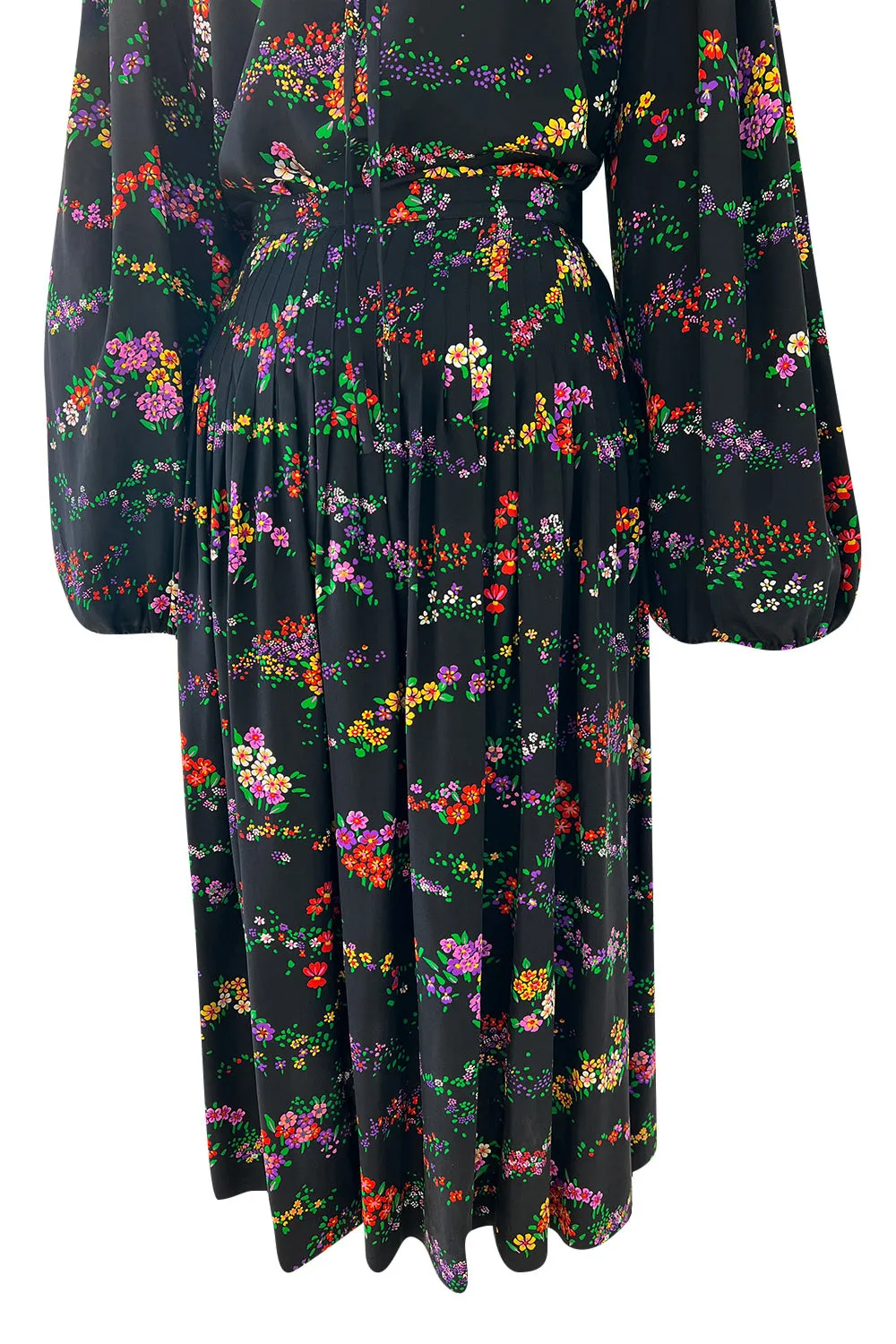 Gorgeous 1970s Yves Saint Laurent Floral Print Silk Skirt & Balloon Sleeve Top Set