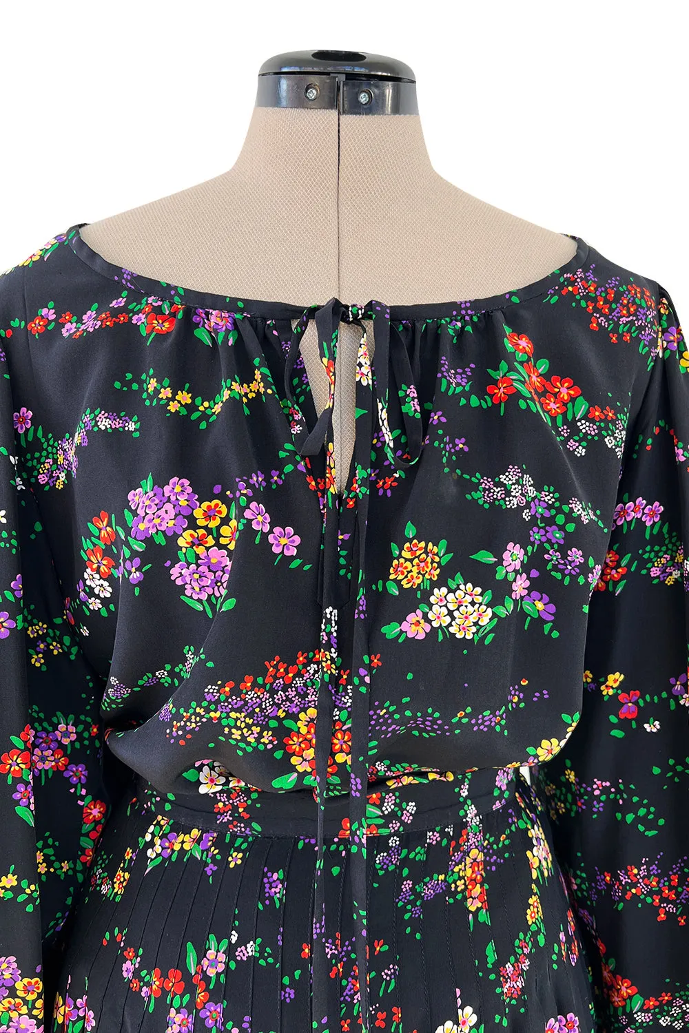 Gorgeous 1970s Yves Saint Laurent Floral Print Silk Skirt & Balloon Sleeve Top Set
