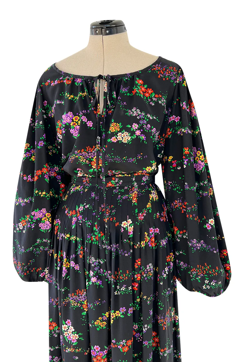 Gorgeous 1970s Yves Saint Laurent Floral Print Silk Skirt & Balloon Sleeve Top Set