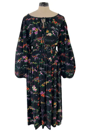 Gorgeous 1970s Yves Saint Laurent Floral Print Silk Skirt & Balloon Sleeve Top Set