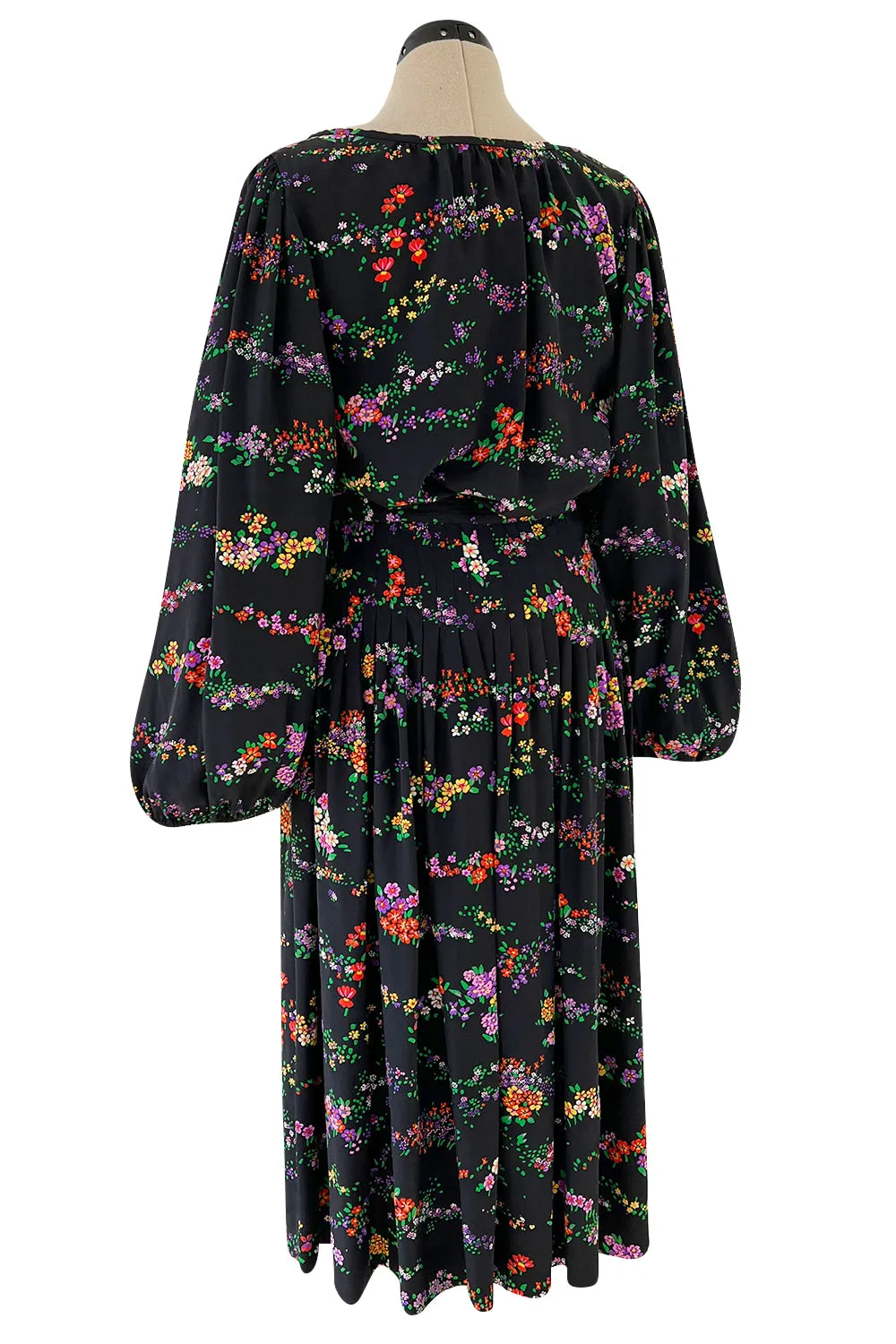 Gorgeous 1970s Yves Saint Laurent Floral Print Silk Skirt & Balloon Sleeve Top Set