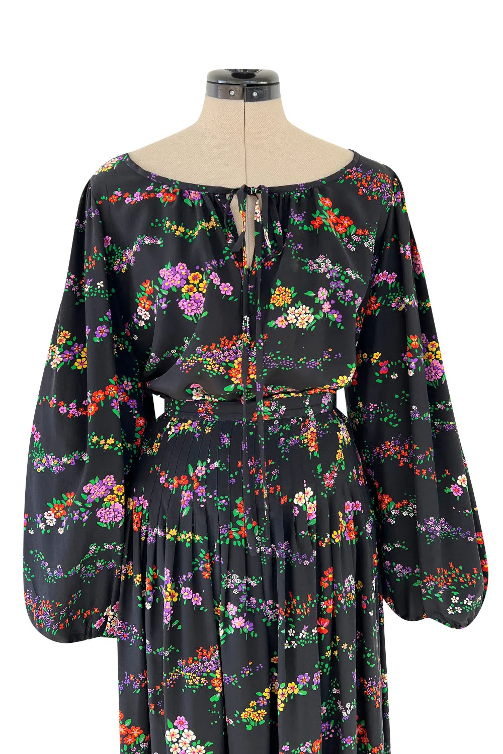 Gorgeous 1970s Yves Saint Laurent Floral Print Silk Skirt & Balloon Sleeve Top Set
