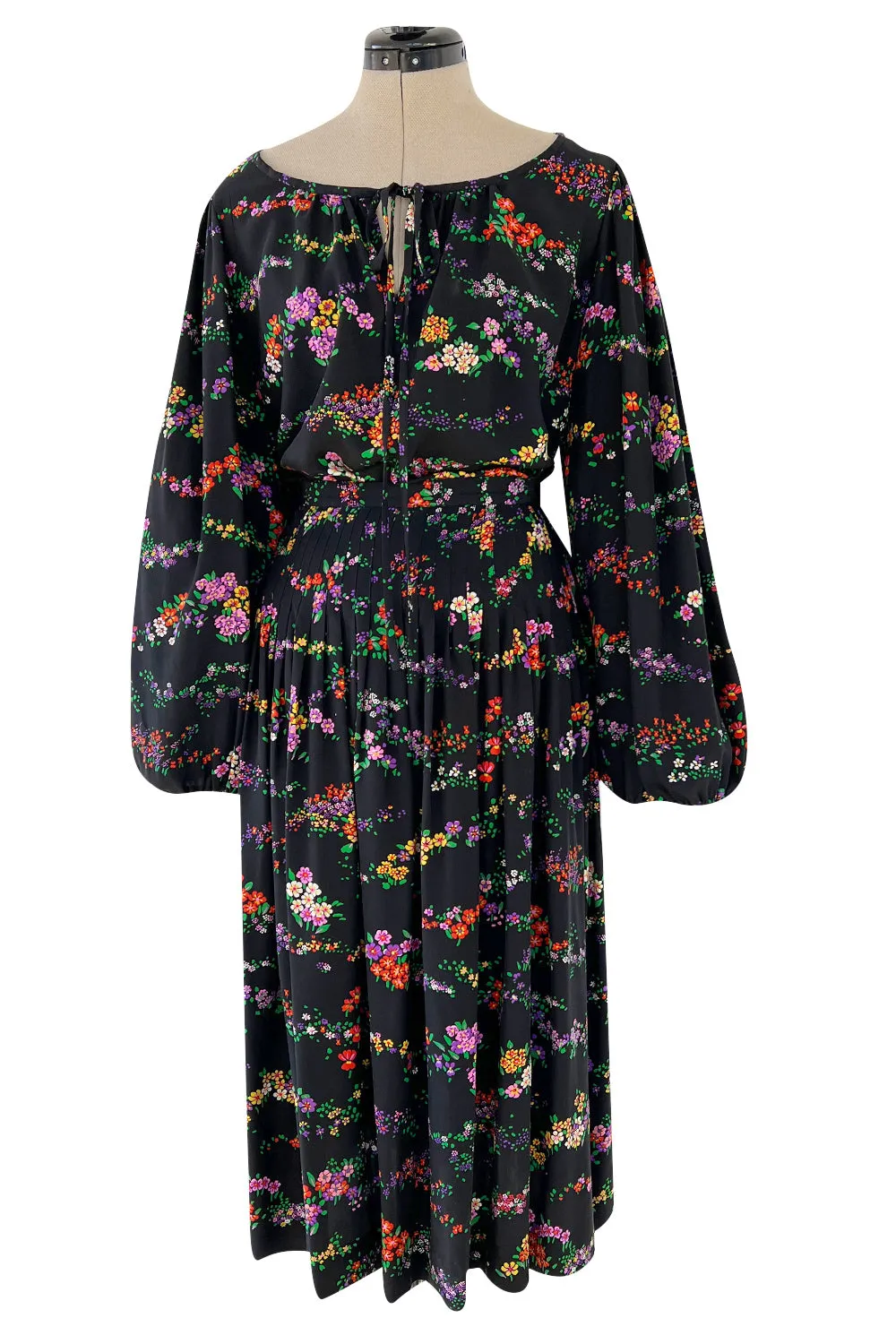 Gorgeous 1970s Yves Saint Laurent Floral Print Silk Skirt & Balloon Sleeve Top Set