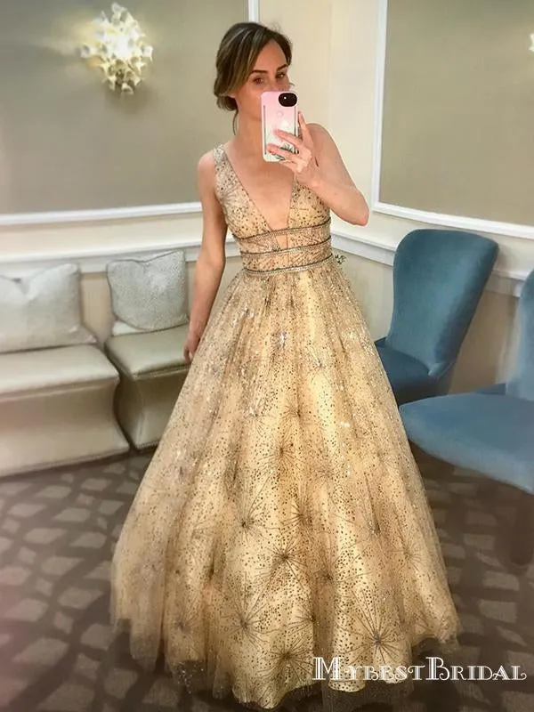 Gorgeous Sexy Deep V-neck Sparkly Champagne Sequin A-line Long Cheap Formal Prom Dresses, PDS0024