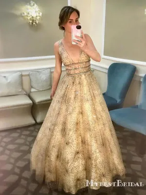 Gorgeous Sexy Deep V-neck Sparkly Champagne Sequin A-line Long Cheap Formal Prom Dresses, PDS0024