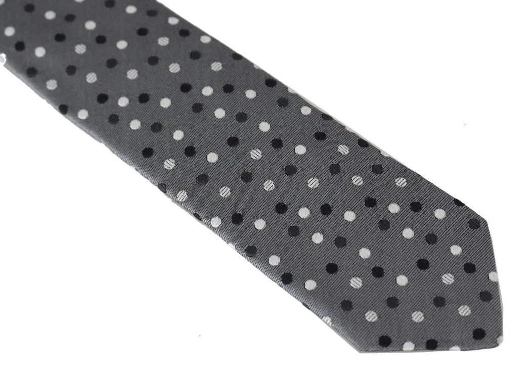 Gray Silk Black White Polka Dot Slim Tie