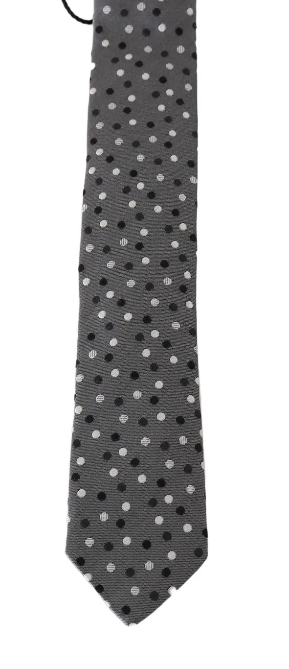 Gray Silk Black White Polka Dot Slim Tie
