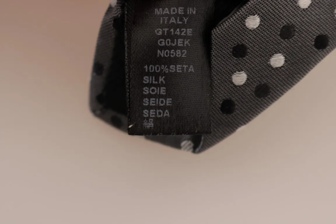 Gray Silk Black White Polka Dot Slim Tie