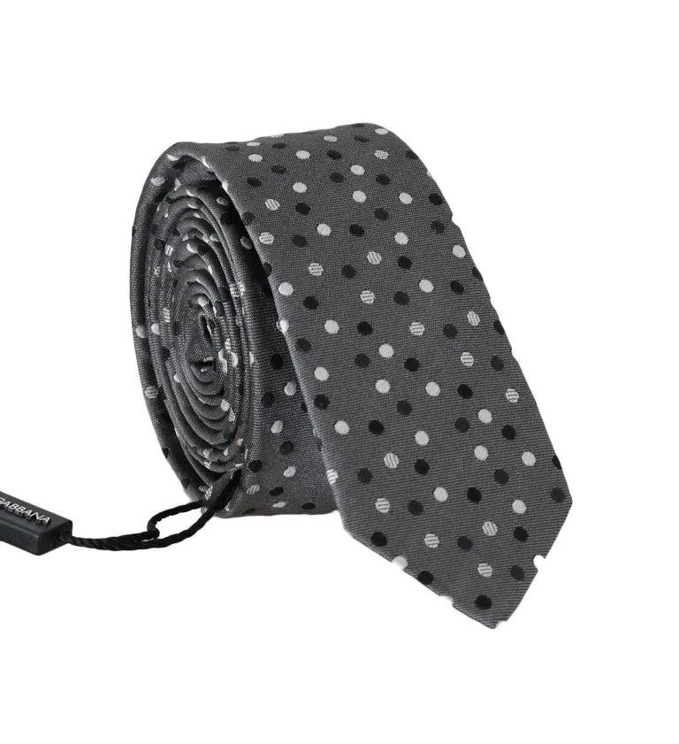 Gray Silk Black White Polka Dot Slim Tie