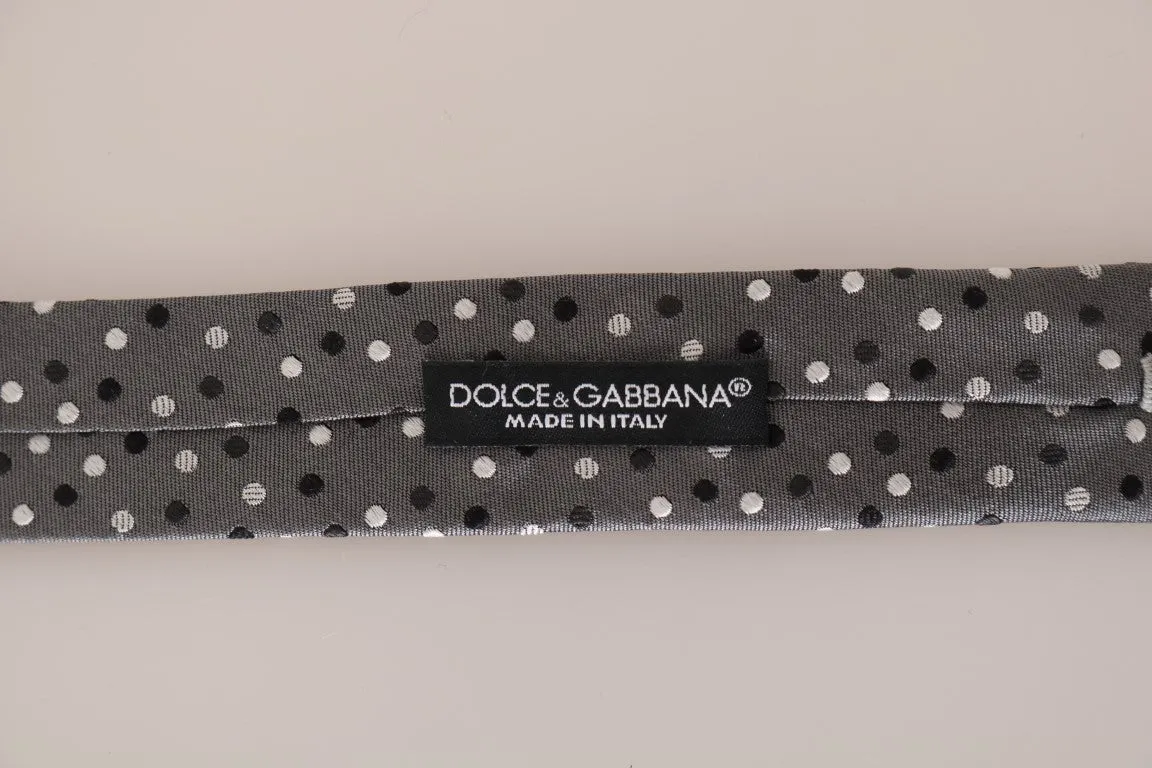 Gray Silk Black White Polka Dot Slim Tie