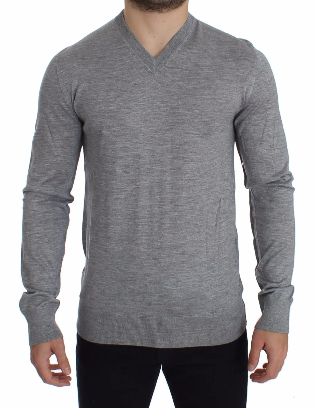 Gray Silk Cashmere V-neck Sweater Pullover