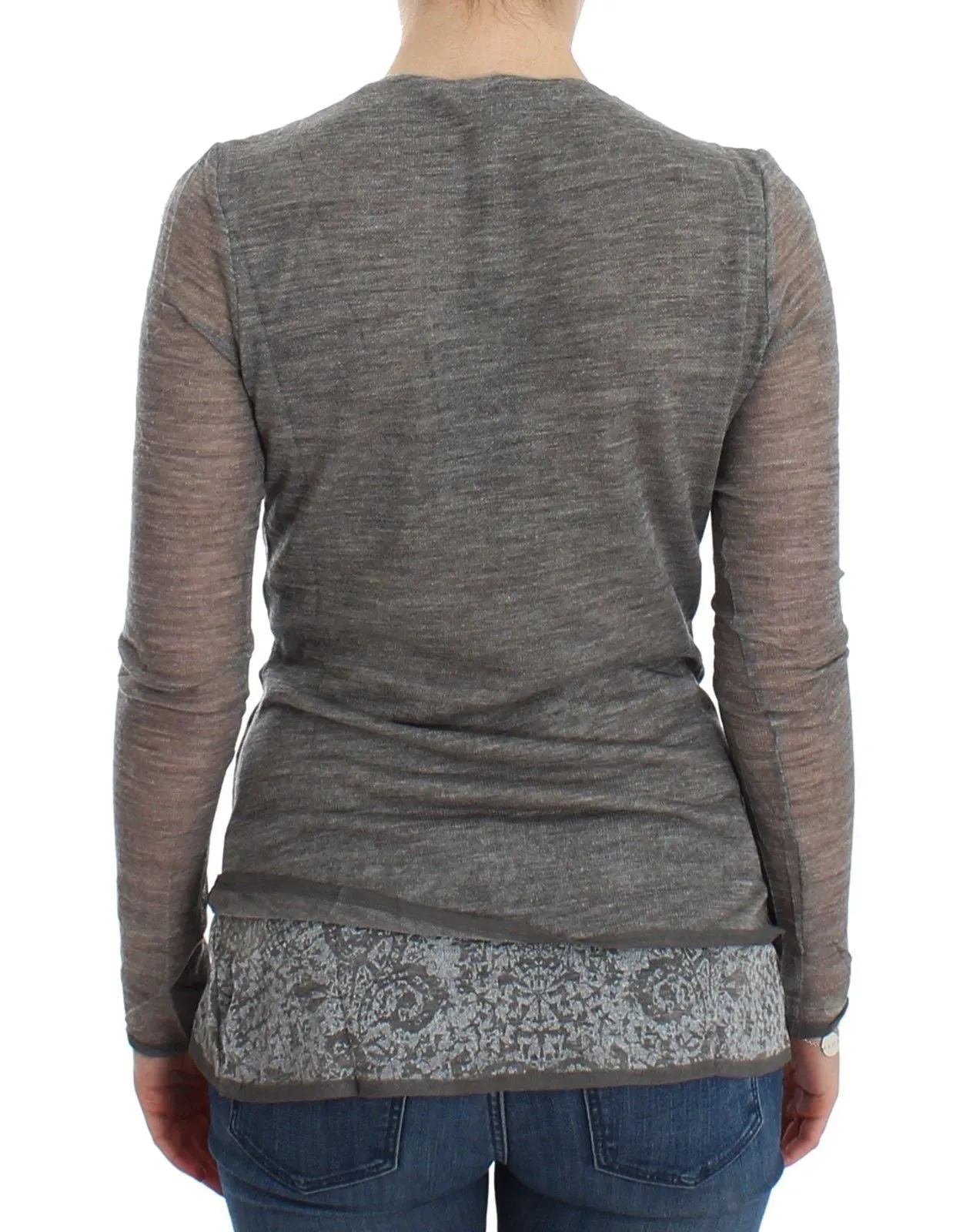 Gray Wool Blend Stretch Long Sleeve Sweater