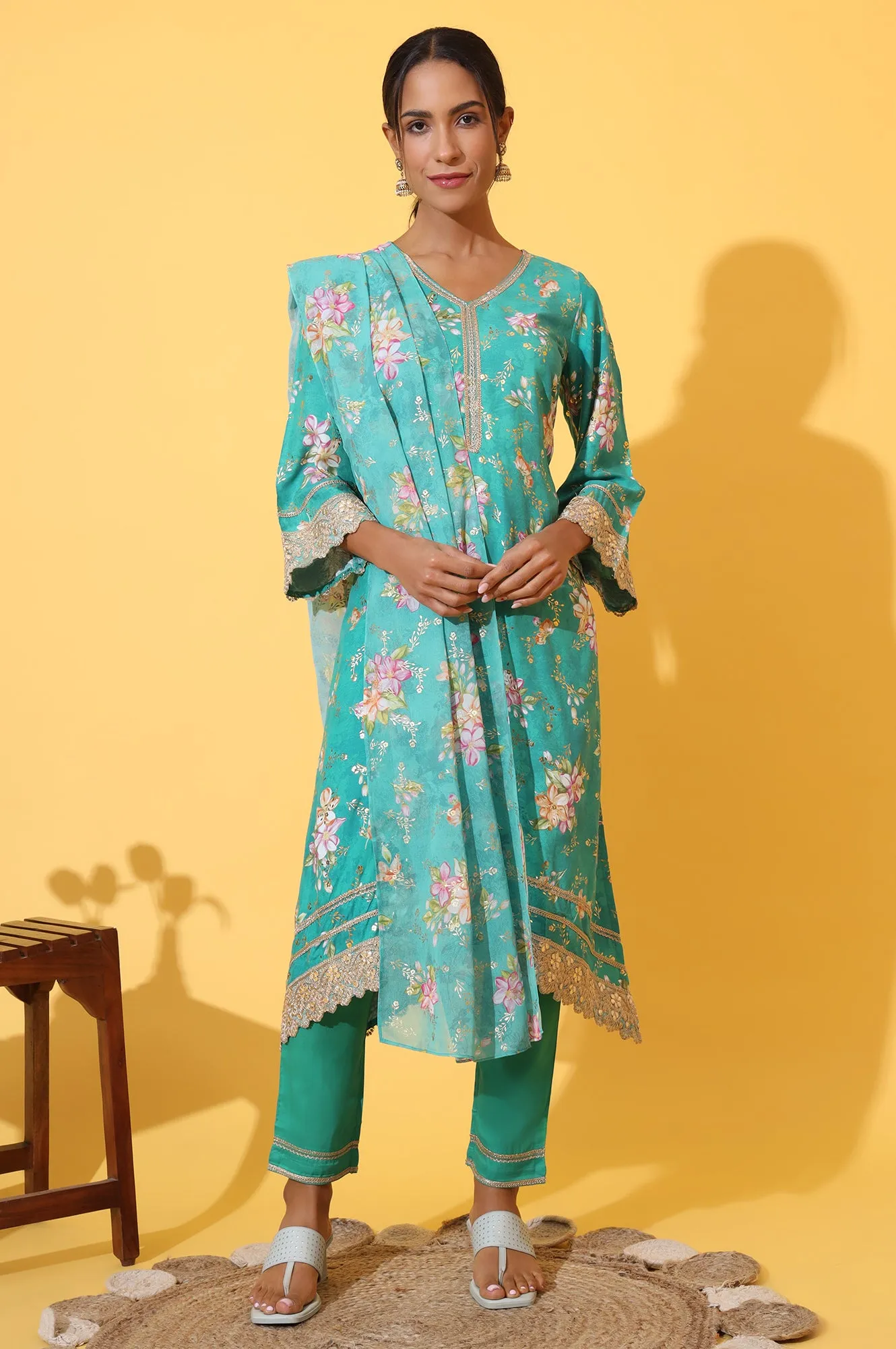 Green Floral Printed A-line Kurta, Trousers and Stole Set