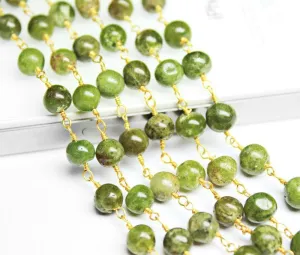 Green Vessonite Garnet Smooth Beads Rosary Style Beaded Chain - Garnet Wire Wrapper Sterling Silver Vermeil Chain