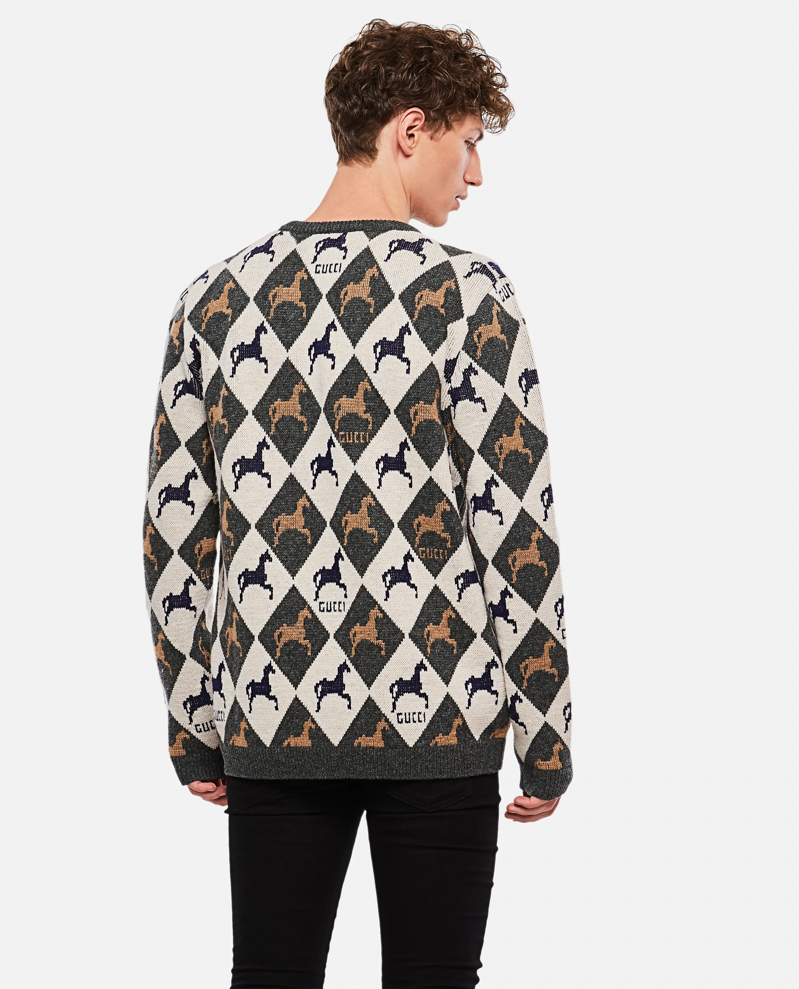 Gucci Equestrian Diamond Jacquard Sweater in Gray and White