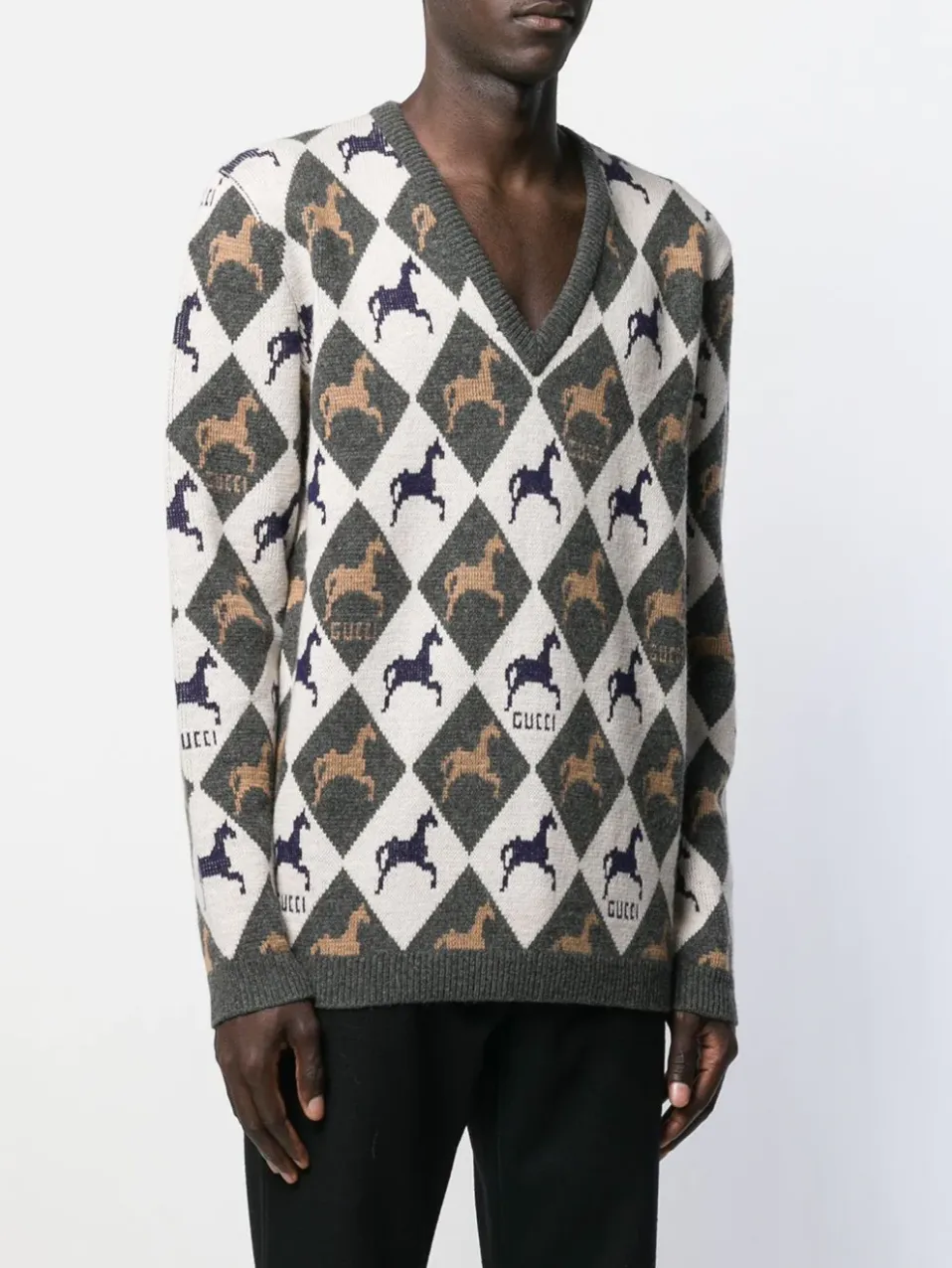 Gucci Equestrian Diamond Jacquard Sweater in Gray and White