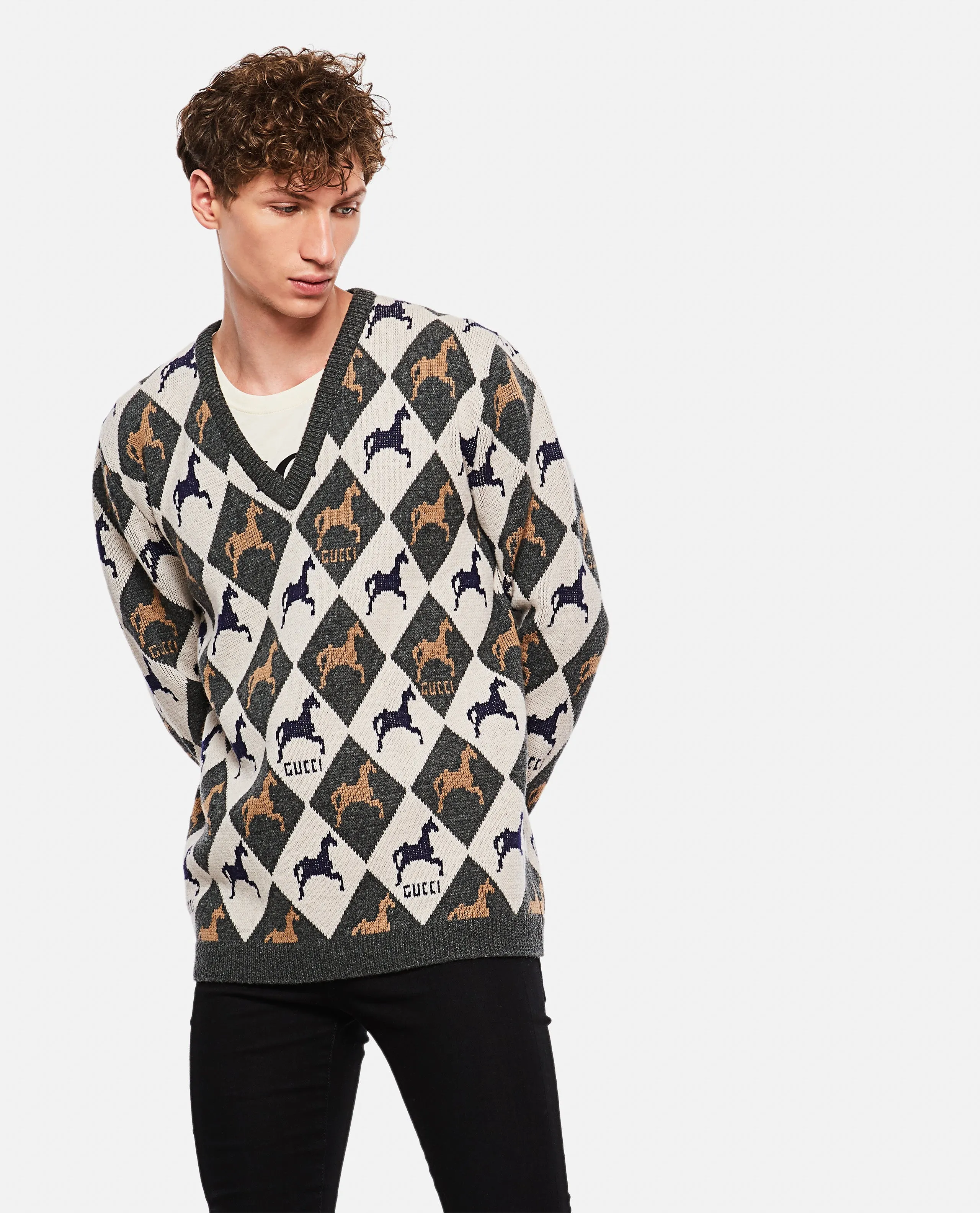 Gucci Equestrian Diamond Jacquard Sweater in Gray and White