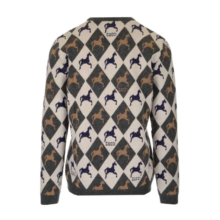 Gucci Equestrian Diamond Jacquard Sweater in Gray and White