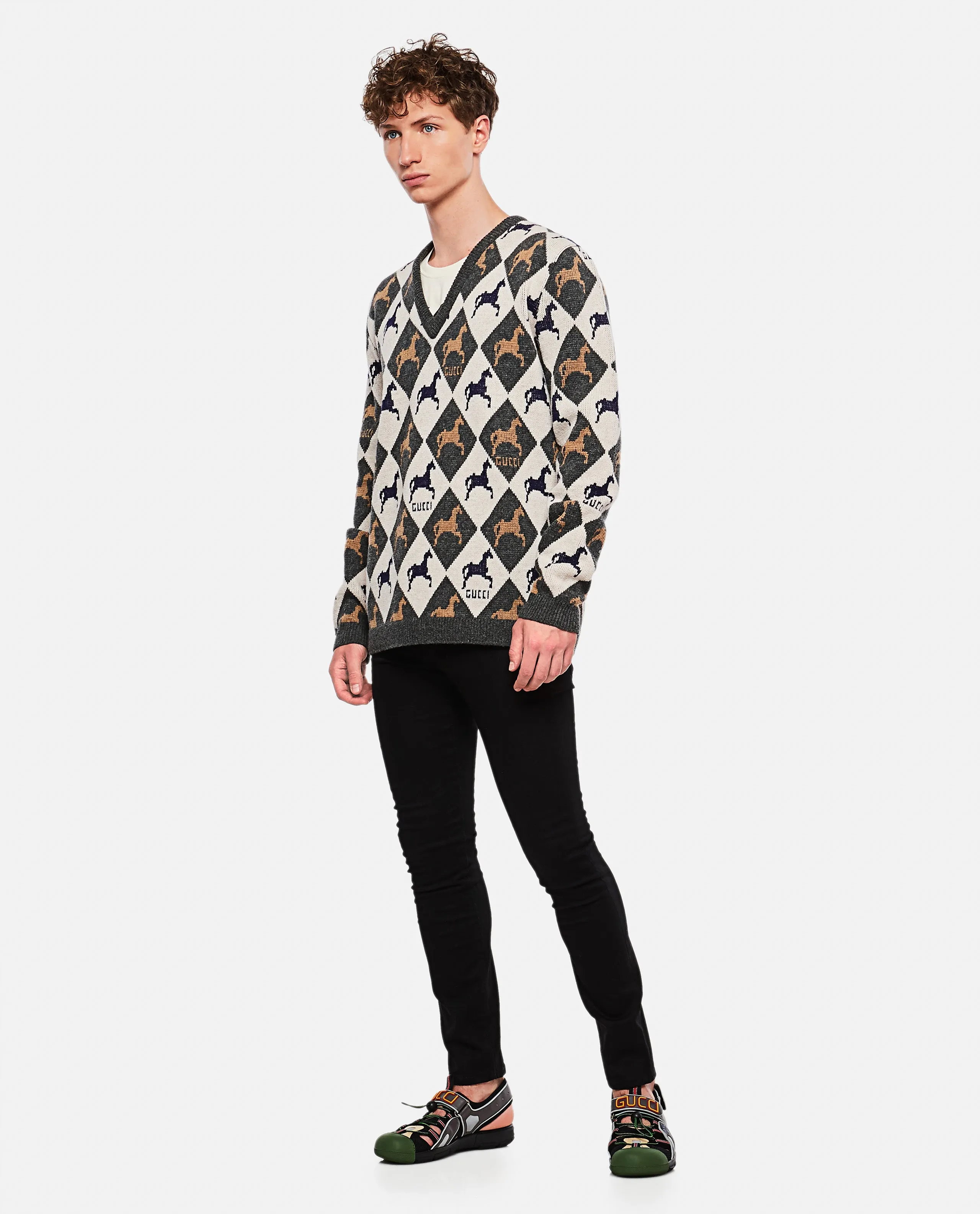 Gucci Equestrian Diamond Jacquard Sweater in Gray and White