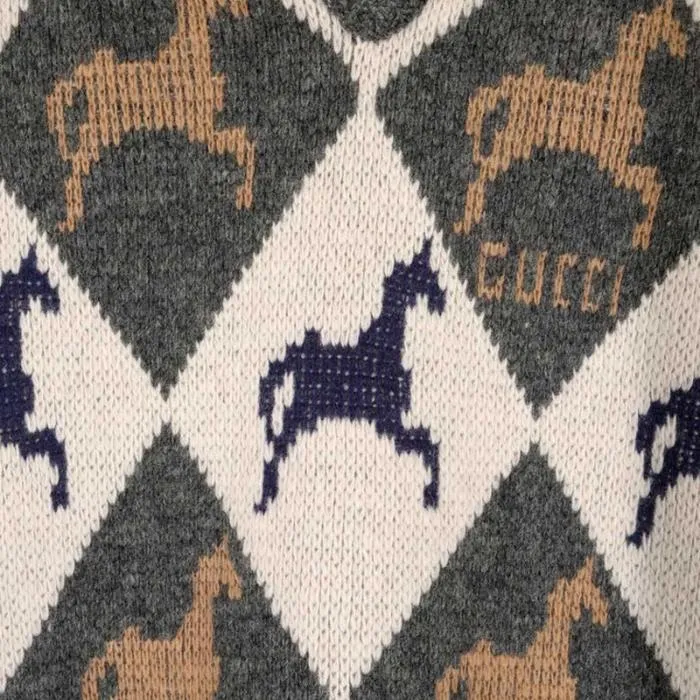 Gucci Equestrian Diamond Jacquard Sweater in Gray and White