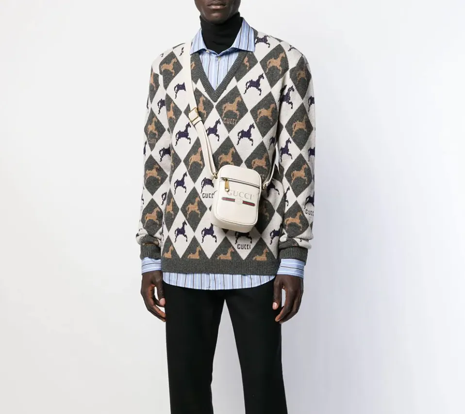 Gucci Equestrian Diamond Jacquard Sweater in Gray and White