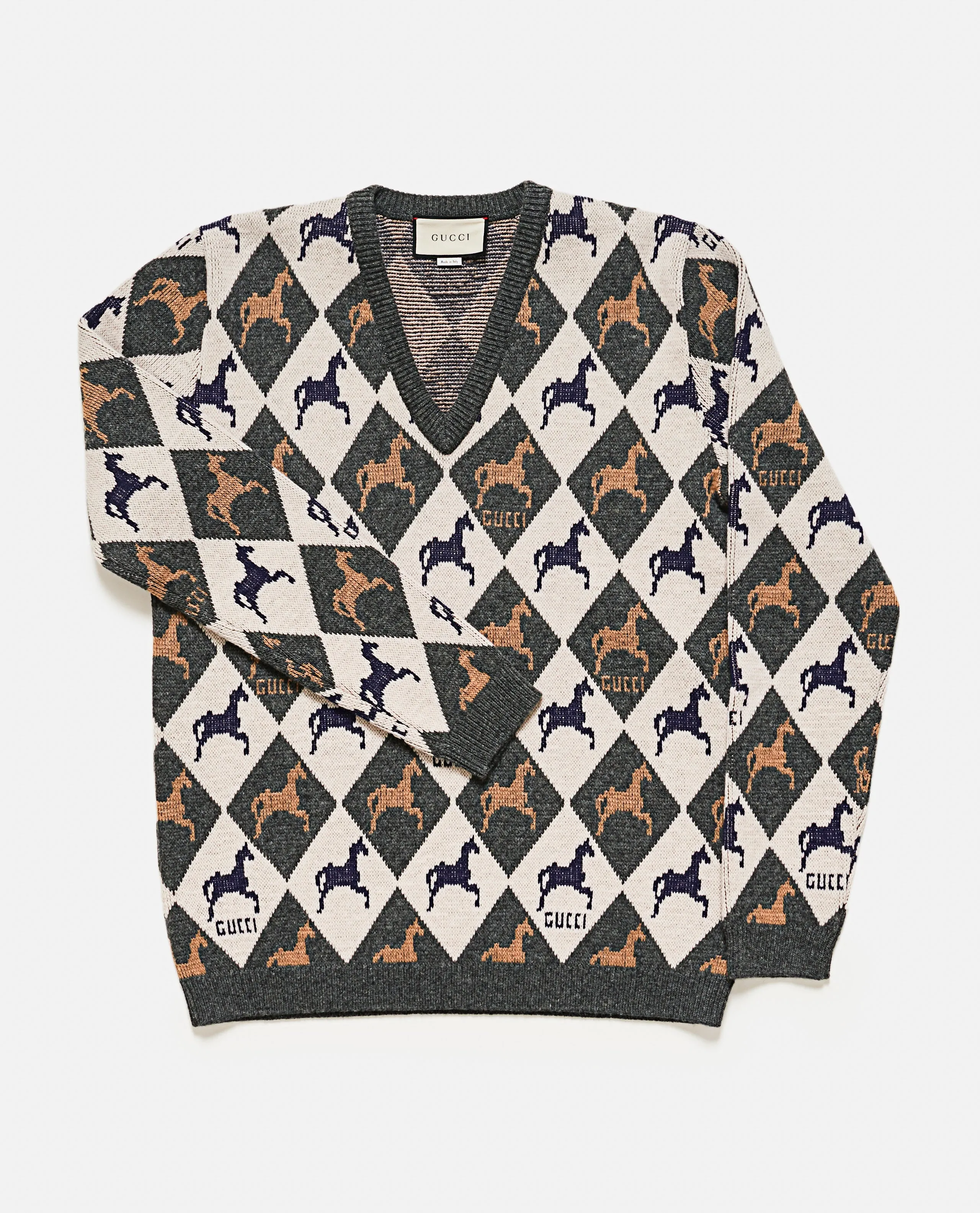 Gucci Equestrian Diamond Jacquard Sweater in Gray and White