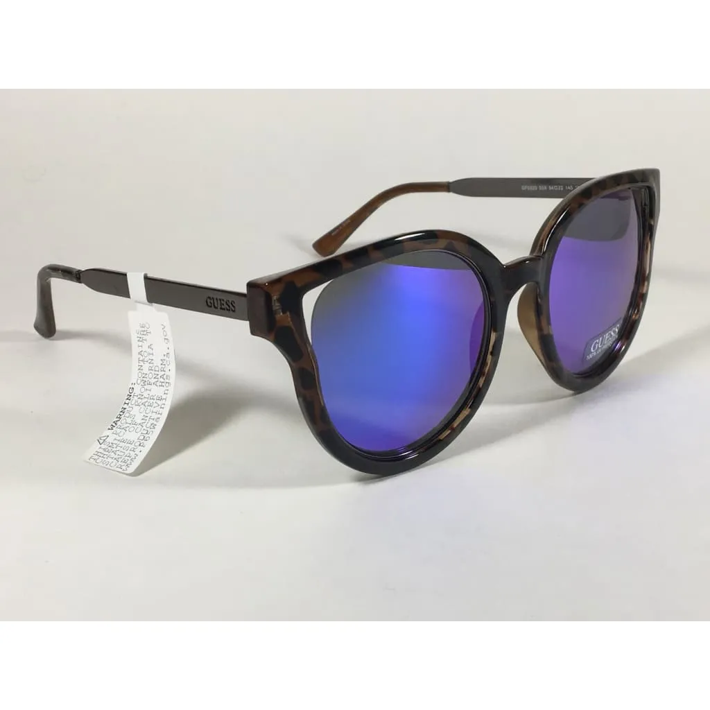 Guess Round Cat Eye Sunglasses Tortoise Gunmetal Blue Violet Mirror Lens GF0323 53X
