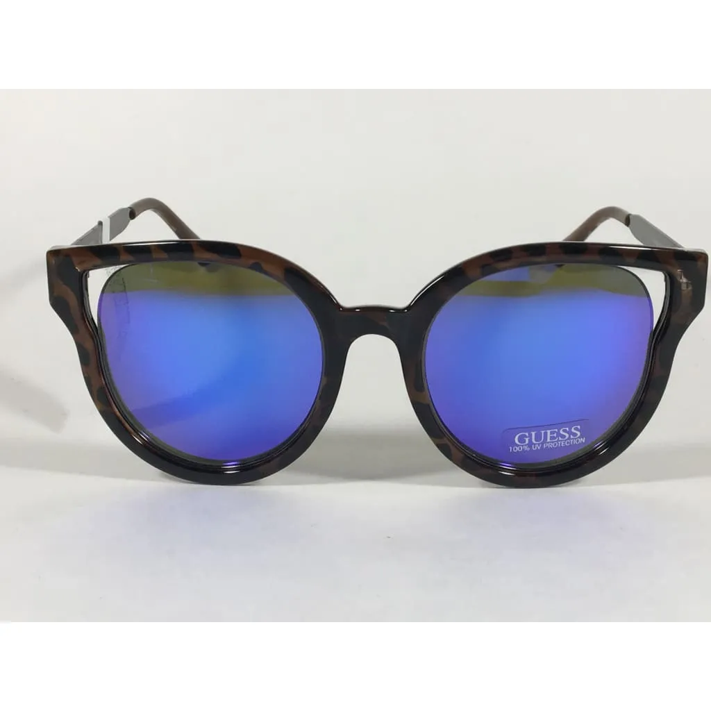 Guess Round Cat Eye Sunglasses Tortoise Gunmetal Blue Violet Mirror Lens GF0323 53X
